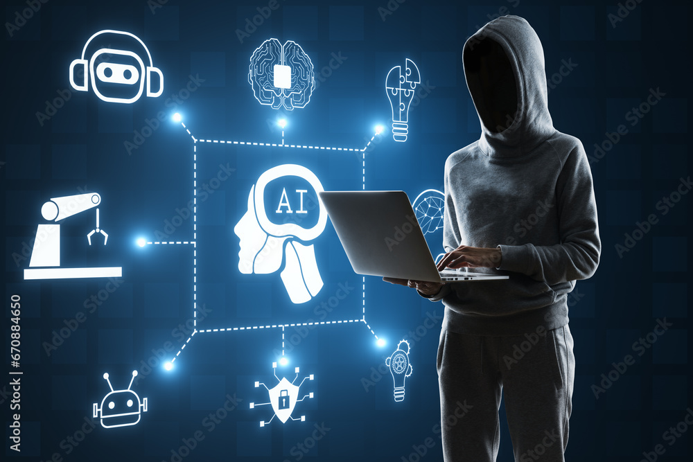 Aufkleber Hacker using laptop with creative glowing ai hologram with digital human head on blue background. Automated machine learning, hacking, artificial intelligence and conversation assistant concept.