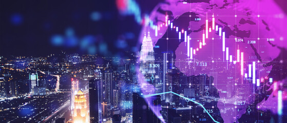 Creative glowing downward candlestick forex chart on blurry wide night city buildings and map backdrop. Crisis, financial loss and real estate market crash concept. Double exposure.