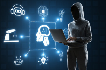 Hacker using laptop with creative glowing ai hologram with digital human head on blue background....