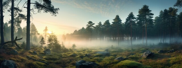 Fototapeta na wymiar Panoramic view of a foggy forest, Background image.