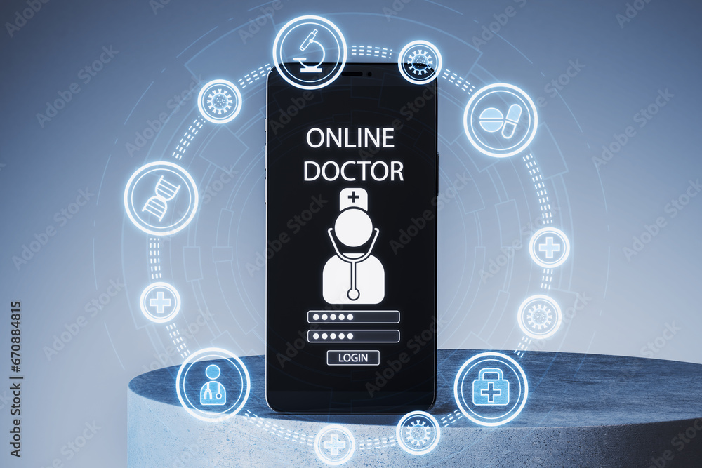 Poster close up of cellphone with abstract medical hologram, doctor with stethoscope and other icons on lig