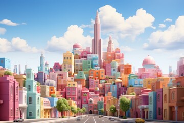 Toy brick cityscape, encouraging urban planning and imaginative play in vibrant pastels, on isolated on pastel background, Generative AI