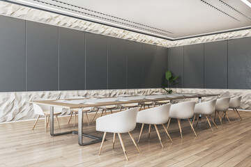 Modern dark meeting room interior with stone decor, wooden flooring and mock up place on plank walls. 3D Rendering.