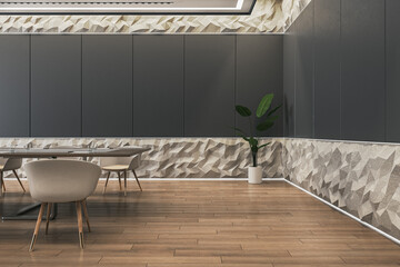 Clean dark meeting room interior with stone decor, wooden flooring and mock up place on plank walls. 3D Rendering.