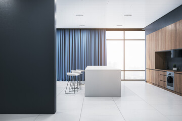 Modern wooden kitchen interior with blank mock up place on dark wall, equipment, island, curtain and window with city view and daylight. 3D Rendering.