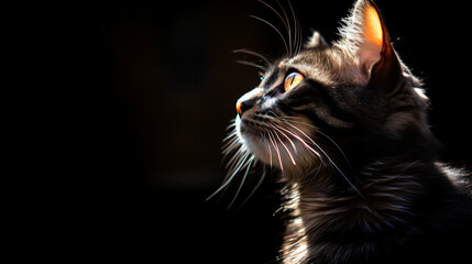 Backlit cat portrait on black background with space