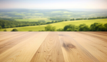 Obraz premium wooden tabletop on the blurred background of meadows and fields and the sky