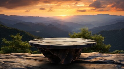 Outdoor rock table top with mountain views showcasing organic beauty at sunrise. Cosmetic product...