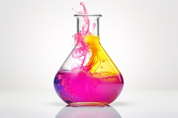 chemistry flask with yellow pink liquid