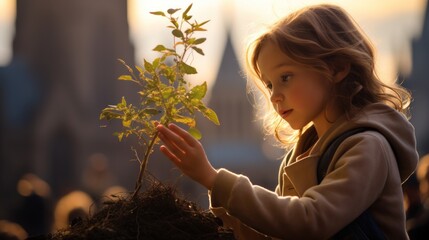 Young Child Nurturing a Tiny Plant in Bustling City Square - obrazy, fototapety, plakaty