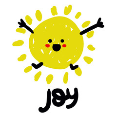 Color vector illustration of joy, the sun with emotions, in the style of doodles and sketches. A big yellow sun with human emotions and branded joy in the interpretation of a child. Fun, happiness