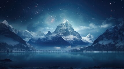 Himalayan mountains at night over a large snowy expanse - obrazy, fototapety, plakaty