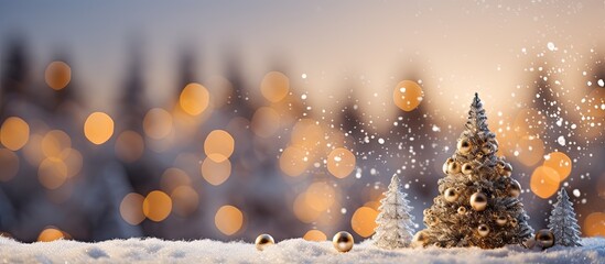 Fototapeta na wymiar Festively adorned Christmas tree with snowy backdrop and bokeh