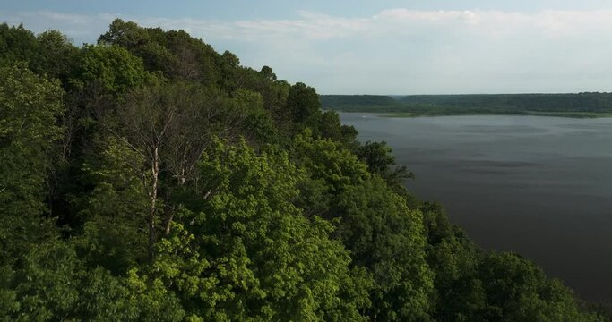 Vegetated Bluff Overlooking Mississippi River At Frontenac State Park In Minnesota, USA. aerial