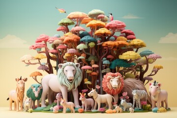 Toy brick zoo, inspiring wildlife education and imaginative play in gentle pastel tones, on isolated on pastel background, Generative AI 