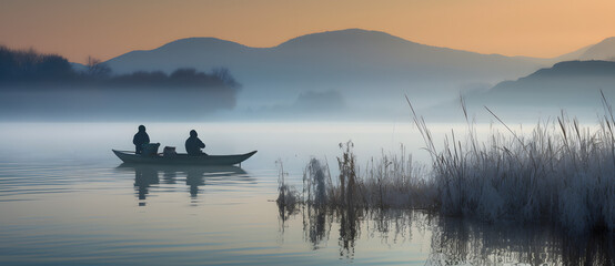 A small boat floats on the lake in the evening 1