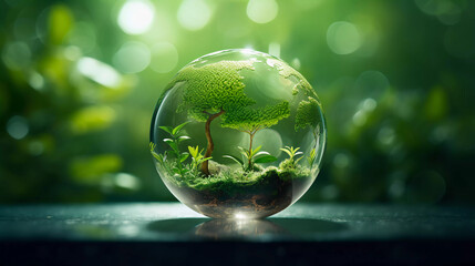 green planet and water save concept - green trees and water in glass ball with greenery around....