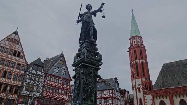 Statue depicts Justitia, the Roman goddess of justice, Frankfurt, Germany