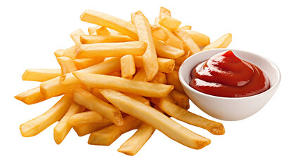 French fries with ketchup isolated on transparent background, tasty fried gold potato chips for menu with red tomato sauce ketchup, restaurant diner, takeout, fast meal, junk food, dinner, side snack - obrazy, fototapety, plakaty