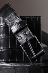 Part of a black crocodile leather belt. Expensive leather goods.