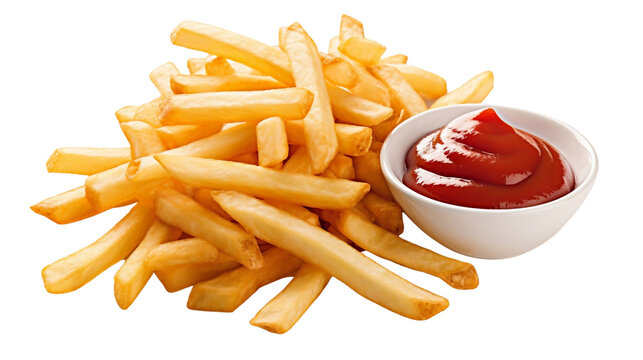 French Fries With Ketchup Isolated On Transparent Background, Tasty Fried Gold Potato Chips For Menu With Red Tomato Sauce Ketchup, Restaurant Diner, Takeout, Fast Meal, Junk Food, Dinner, Side Snack