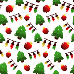 Pattern cartoon Christmas tree toy, garland, Christmas tree. Winter holidays Christmas tree decorations vector endless designer illustration. Background of Christmas holidays on white. Elements volume