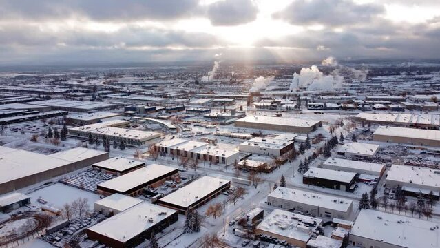 An aerial shot of the winter god-rays in freezing Calgary.