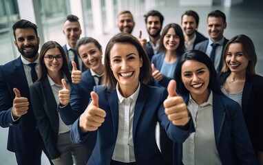 Businessman thump up standing and smile, over big group of businesspeople background	