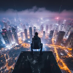 photo shot from a drone of a man sitting on a skyscraper 