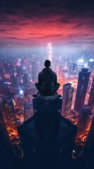 photo shot from a drone of a man sitting on a skyscraper 