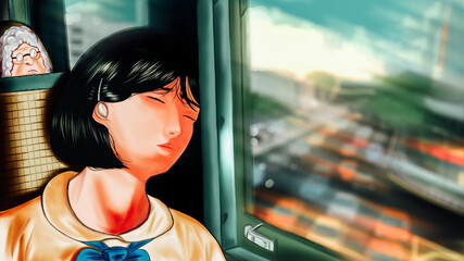 student girl in a bus in Thailand