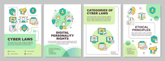 Gradient cyber law brochure template, leaflet design with thin linear icons, 4 vector layouts.