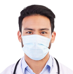 Covid, doctor and portrait of man with face mask for protection, safety or pandemic compliance. Healthcare, career and male medical worker with virus prevention isolated by transparent png background