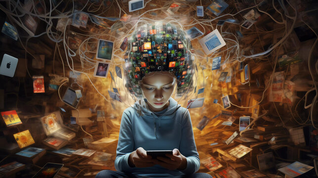 Overwhelming information data explode out of head of young human brain, too much media, too much information, maximalism, news, social media addiction