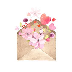 Envelope with abstract spring flowers and colored hearts, isolated watercolor card with love for Valentine's Day, for birthday or romantic message. Hand drawn print with delicate design elements.