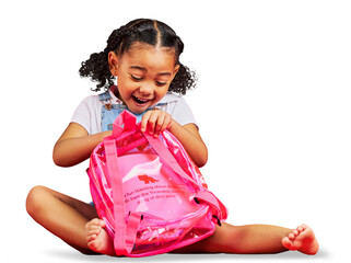 School, bag and girl with happiness, excited and education isolated against a transparent background. Female kid, happy student or child with a backpack, playful and learning with png, fun and growth
