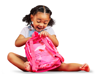School, bag and girl with happiness, excited and education isolated against a transparent background. Female kid, happy student or child with a backpack, playful and learning with png, fun and growth