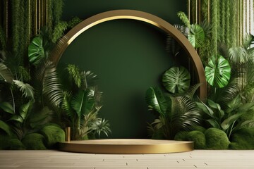Podium gold in tropical forest for product presentation and green wall