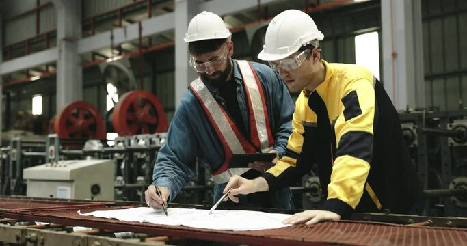 Engineers and technicians are overseeing mechanical maintenance project in factory from blueprint. Two workers are discuss and planning their work. Wearing helmet and uniform to safety while working