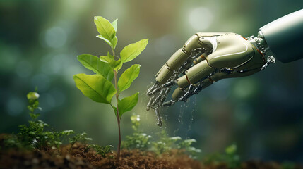 robotic hand planting a plant - obrazy, fototapety, plakaty