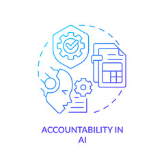 2D gradient accountability in AI icon, simple isolated vector, cyber law thin line illustration.