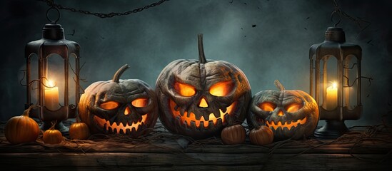 Digital editing of an image featuring three Jack o lanterns and three skulls accompanied by vintage lanterns for use as a background or Halloween themed greeting card