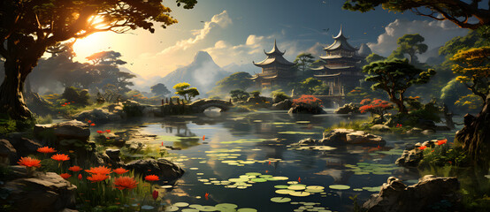Ancient garden scenery includes mountains, water, pavilions and bridges 1 - obrazy, fototapety, plakaty