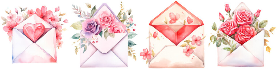 Envelope with flowers, watercolor illustration on white background, concept valentine's day