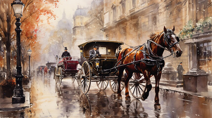 In the past, carriages and horses, in the style of Watercolor