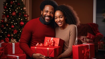 Fototapeta na wymiar Happy African American family with Christmas gift boxes.