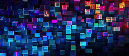 Dark background featuring an abstract neon mosaic design