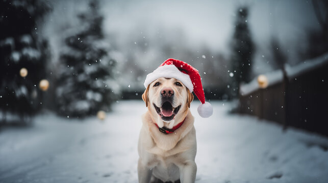 Christmas golden retriever dog wearing Santa Claus hat in snow