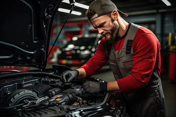 Foto op Plexiglas Auto mechanic working on car broken engine in mechanics service or garage. Transport maintenance wrench detial © ttonaorh
