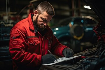 Fototapeta na wymiar Auto mechanic working on car broken engine in mechanics service or garage. Transport maintenance wrench detial